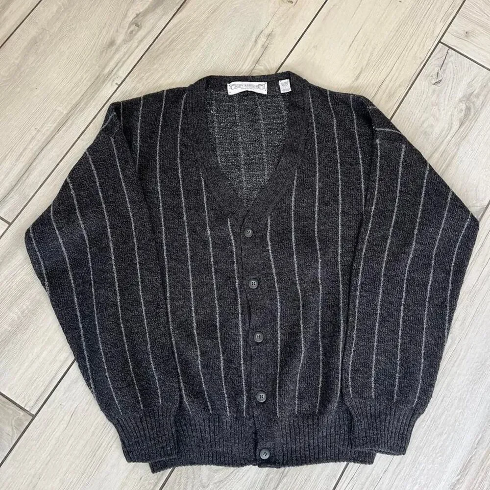 John Ashford Vintage Men's Grey and Black Pinstriped Cardigan